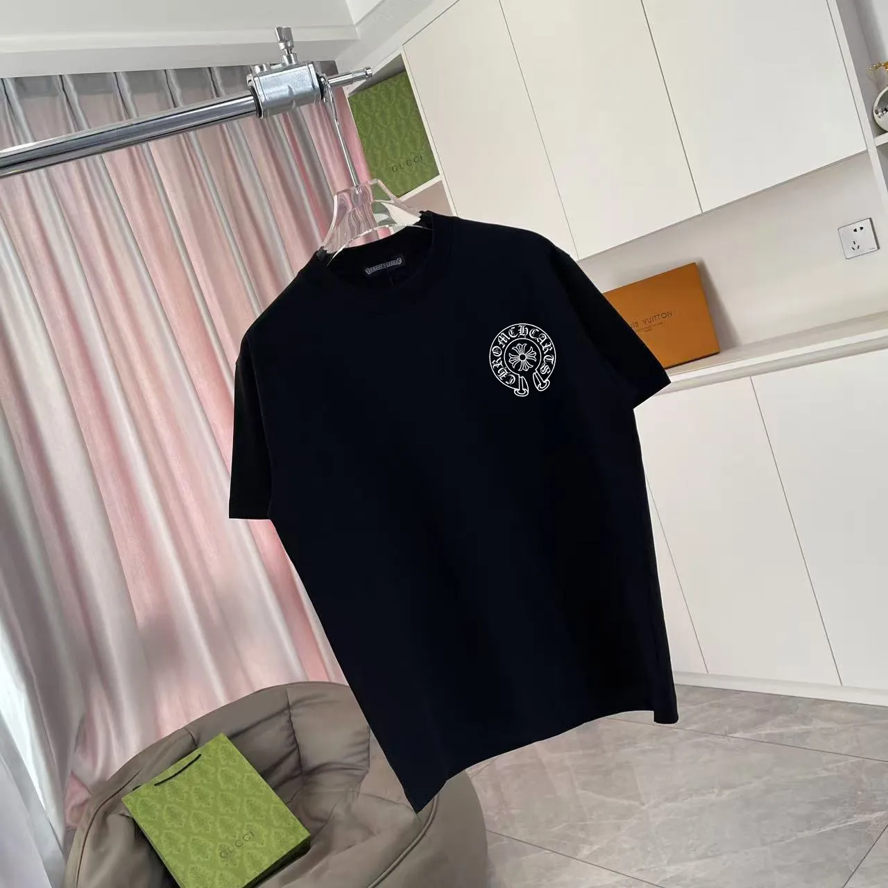 🅿️170 ch Cro* 2025 summer new style Sanskrit cross horseshoe print short-sleeved T-shirt customized fabric 300g same style for men and women Size: S M L XL XXL five sizes Color: black white pink iron gray